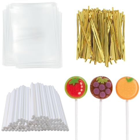 Werownsgso 300 Stück Cake Pop Sticks und Wrappers Kit 100 Cakepop Stiele 100 Gold Twist Bänder 100 Süßigkeiten Tüten Cake Pop Zubehör für Lutscher Süßigkeiten Pralinen Desserts