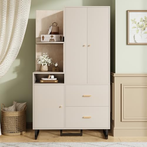 Merax Kompaktgarderobe 110x186x38 cm, mit Regal & Schubladen, Flurgarderobe Dielenschrank Kleiderschrank mit Türen, Schuhschrank & Ablageflächen, Moderne Garderobe für Diele & Flur, Graubeige