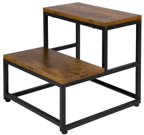 Tritthocker 2 Stufen, Tritthocker Holz für Erwachsene & Kinder, 220kg Tragkraft Rutschfester Hocker mit Stabilen Metallrahmen & Verstellbaren Füßen, Fußbank für Küche, Bad, Schlafzimmer,Retro Braun