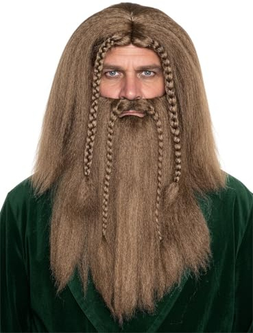 Wikinger mit braunen Zöpfen - Perücke & Bart - Kostüm-Zubehör für Erwachsene Karneval, Halloween & Motto-Party