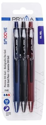 Pryma Penna Oil Gel Smoove 1 mm – Set 3 Penne Blu, Nero e Rosso – Scrittura Fluida e Scorrevole – Clip con Rivestimento in Silicone – Ideale per Scuola e Ufficio