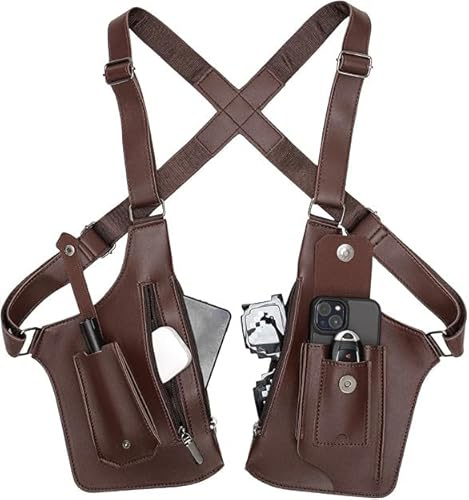 Anti-Diebstahl Unterarm-Schultertasche für Herren, Doppel-Schultertache aus PU-Leder, Verstellbares Achselholster-Design mit Mehreren Taschen, Brusttasche für Reise, Business & Outdoor (Braun)