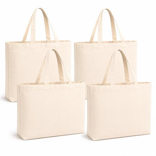 4 Stück Baumwolltaschen Unbedruckt, Stoffbeutel Baumwolle zum Bemalen & Bedrucken, Wiederverwendbare Einkaufstaschen mit Bodenfalte, Canvas Taschen für DIY, Schule, Einkauf & Geschenk, 40 × 30 × 10 cm