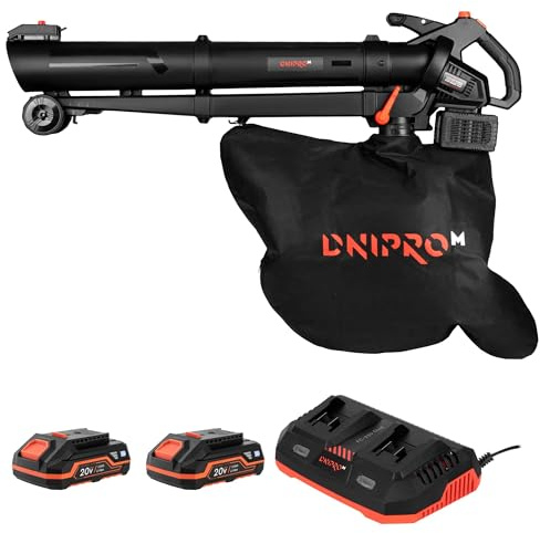 Dnipro-M Soplador y Aspirador de Hojas a Batería 2x20V Sin Escobillas, 60 m/s, 2 en 1 - DVB-200BC Dual + 2X Batería 2.0Ah + Cargador