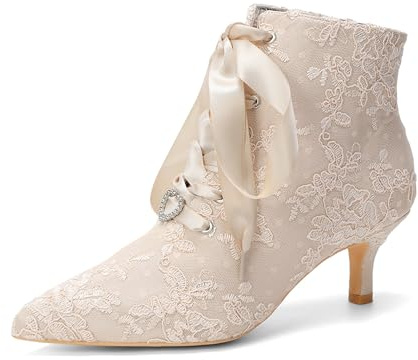 HFWXYSA Stivali da Sposa in Pizzo per Donna con Punta A Punta E Tacco Kitten, Scarpe da Matrimonio con Lacci, Stivaletti da Sposa,Champagne,42 EU
