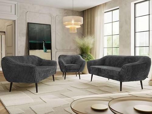 MKS MEBLE Sofagarnitur PIRS 3 + 3 + 1 - Couchgarnitur im skandinavischen Design, Gesteppte Polsterung, Wellenfederung, Wohnzimmer Sofa Set - Schwarze Beine, Dunkelgrau Cord
