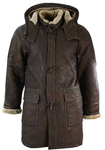 Mens Winter Real Sheepskin Leather Duffle Safari Jacket Tan Brown & Ginger Hood