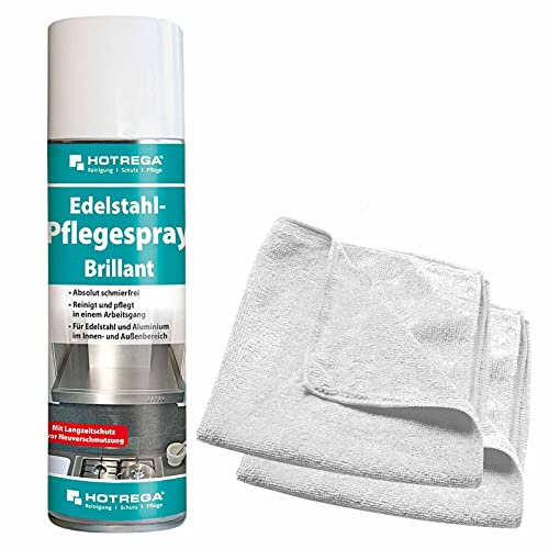 HOTREGA Edelstahl Pflegespray Brillant | Edelstahlreiniger | Edelstahlpflege | Edelstahl Pflege Reiniger (500ml inkl. 2 Microfasertücher)