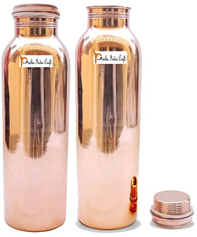 Lot de 2 – en cuivre Pur Yoga Bouteille d'eau ou Thermos avec 99,5% Purity- Faite à la Main, Joint Gratuit pour ayurvédique Santé, Sports, Gym, de Yoga, et Voyage par Prisha Inde Craft, Marron