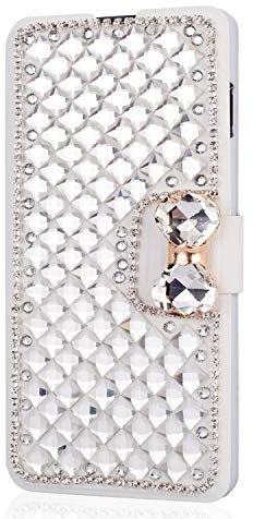 HongHushop Rhinestone Bling Diamond PU Leather Case for iPhone X/iPhone XS Card Slots Magnetic Flip Stand Wallet Glitter Cover Case for iPhone X/iPhone XS - White