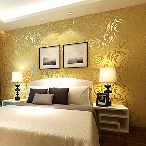 YangYun Home Decoration Modern Minimalist 3D Stereo TV Background Living Room Bedroom European PVC Damask Leaf Non-Pasted Wallpaper Gold Color 1.73' W x 32.8' L
