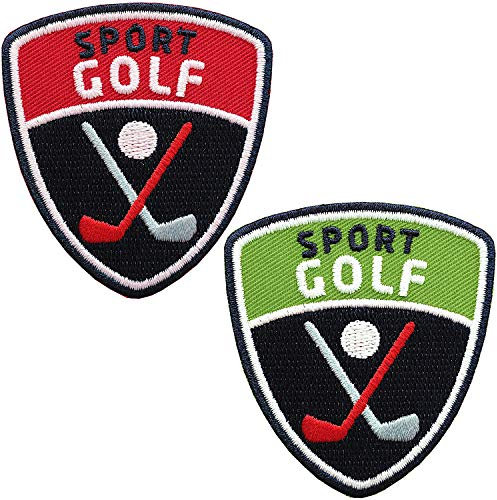 2 x Golf Sport Patch 55 x 60 mm gestickt/Golfball Golfschläger Golfsport Turnier/Aufnäher Aufbügler Abzeichen Flicken Patches für Kleidung Mode Tasche (Set Grün Rot)