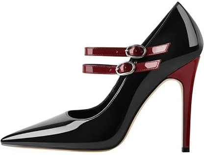 MissHeel Spitze Pumps Klassische High Heels mit Knöchelriemchen Pfennigabsatz Schwarz Weinrot EU 37