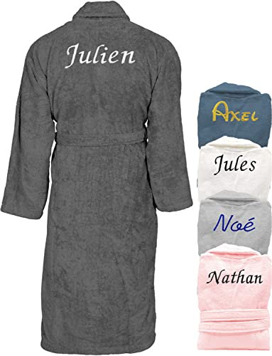 KDO MAGIC Peignoir homme personnalisé - Sortie de bain brodé avec un prénom - Matière éponge - Plusieurs coloris - Cadeau Saint-Valentin, anniversaire, fête des pères (S, Anthracite)