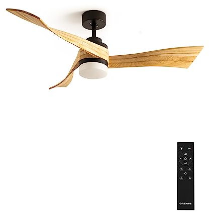 CREATE / WINDCURVE/Ventilateur de plafond avec lumière et télécommande, noir pales bois naturel / 40W, Ø132 cm, lumière 3 températures, 6 vitesses, programmable, été-hiver, double hauteur