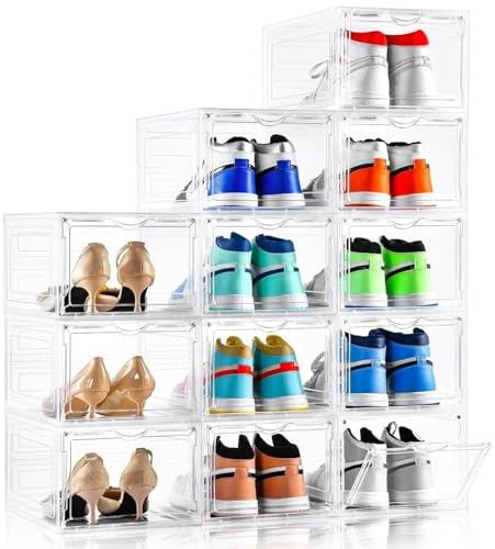 Clemate Upgraded X-Large Shoe Organizer,Shoe Storage Organizer,12 Pack,Shoe Box Clear Plastic Stackable,Drop Front Shoe Box with Clear Door, Shoe Containers For Sneaker Display,Fit up to US Size13