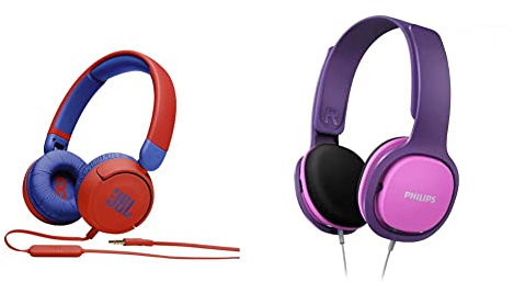 JBL Jr310 On-Ear Kinder-Kopfhörer in Rot-Blau – Kabelgebundene Ohrhörer mit Headset und Fernbedienung & Philips Audio SHB3075RD/00 On-Ear Kinderkopfhörer pink/lila
