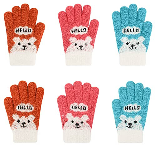 QKURT 3 Paar Kinder Magic Handschuhe, Kinder Weiche Handschuhe Bunte Bärenmuster Handschuhe Stretch Warmer Handschuh Warmer Strickhandschuh für Jungen Mädchen im Alter von 3-8 Jahren