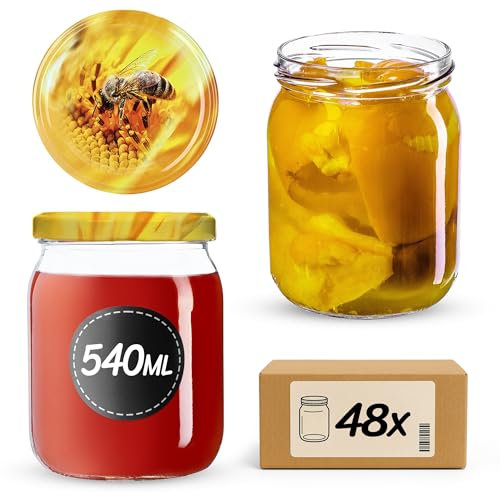 KADAX 48st Einmachgläser 540ml mit Schraubdeckel fi82 mm für Einlegen, Einmachen, Konservieren und Mahlzeitenvorbereitung - Luftdichte Twist-off Gläser (Biene, 48 St.)