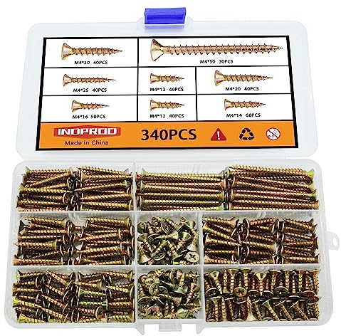 Indprod M4 Flat Head Wood Screws Assortment Kit 340 Pcs,Phillips Drive Countersunk Flat Head Self-Tapping Wood Screws,Yellow Zinc Plated Finish Screw Kit,Self Tapping Screws for Metal,Full Thread