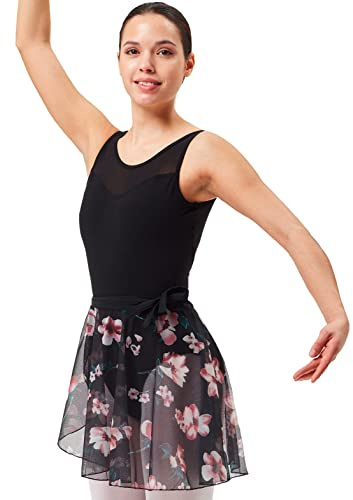 tanzmuster Ballett Wickelrock Damen - Karlotta - feiner, elastischer Netzstoff - Wickelband aus Lycra - schwarz geblümt 36 - schwarzer Ballettrock - Ballettkleidung für Erwachsene