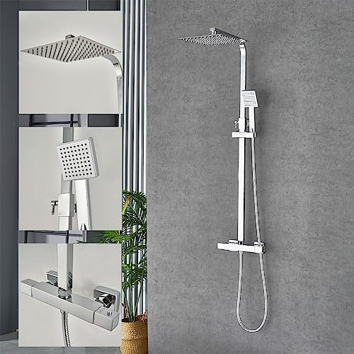 Plumbsys colonna per doccia Cromo termostatica con miscelatore termostatico, Quadrato doccia a mano e doccia a testa, colonna per doccia regolabile In altezza