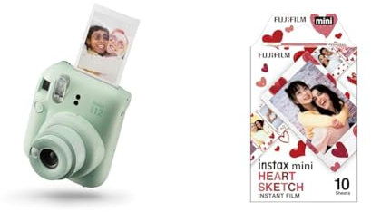 Fujifilm instax mini 12 Mint Green - Macchina Fotografica Istantanea & instax mini film 10 shot pack, bordo CUORI