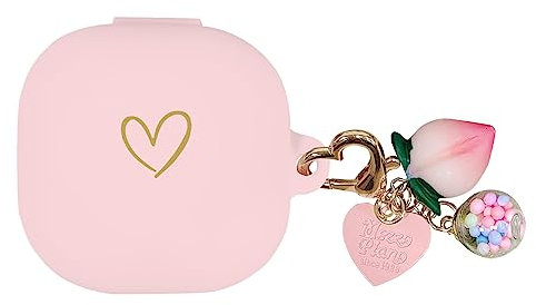 AIIEKZ Compatible with Samsung Galaxy Buds 2 / Buds Pro/Buds Live/Buds 2 Pro, Soft Silicone Case with Gold Heart Pattern with Cute Pendant Keychain for Girls Women (Pink)