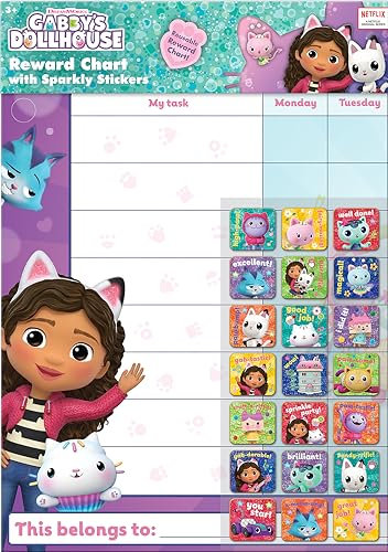 Paper Projects Gabby's Dollhouse Everyday Reward Chart | Includes 56 Sparkly Stickers | Colourful Chart is Wipe-Clean, 29.7cm x 42cm, Mulitcoloured