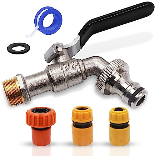 GZLCEU 1 válvula de bola de 1/2 pulgadas, grifo de latón de 1/2 pulgadas con 3 conectores de manguera y 1 cinta de teflón para el hogar, riego de jardín, lavado de coches, barril de lluvia
