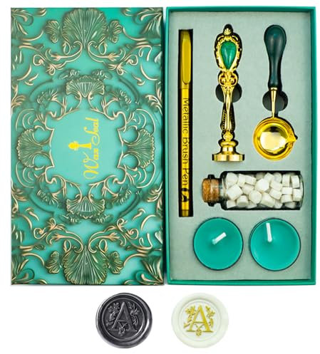 Letter Wax Seal Stamp, Ioggtser Alphabet A Wax Seal Stamp Set Including 1Pcs Copper Head with Iron Handle, 60 Pcs Wax Seal Beads, 1Pcs Wooden Melting Spoon, 2Pcs Candles, 1Pcs Wax Seal Pen