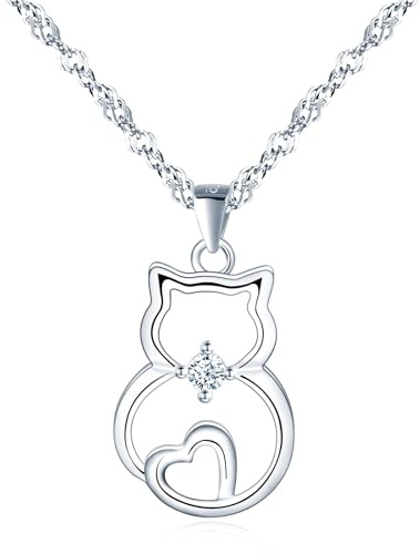 CONILOK Kette Silber 925 Damen mit Durchbrochen Katzen Anhänger | Tiere Halskette für Frauen Mädchen mit Funkelnden Zirkonia und Herzförmigem Schwanz Niedlich Schmuck Geschenk für Sie
