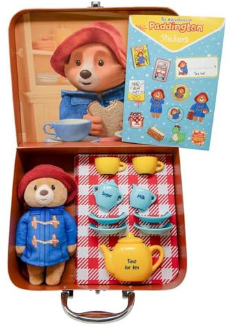 Rainbow Designs Paddington Bear Service à thé 9 pièces pour enfants avec théière, tasses, soucoupes et sucrier – Comprend une peluche câlinante, une valise réutilisable et une feuille d'autocollants