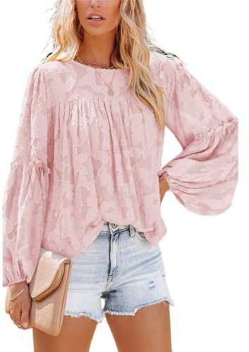 MQYXGS Damen Blusen mit Laternenärmeln lässige Tunika Oberteile Rundhalsausschnitt Babydoll Hemden 3/4-Bluse mit Glöckchenärmeln Spitzenoberteile floral Spitzenbluse Laternen Langarm Tunika Hemd
