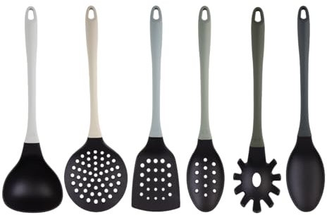 MasterChef Utensilios de Cocina con Cucharas, Espatula, Cazo para Sopa, Espumadera y Cucharon, Resistentes al Calor, Set Menaje, Accesorios Antiadherente, Gris