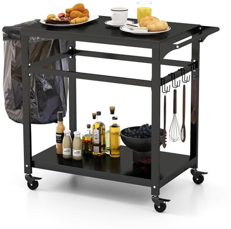 KOMFOTTEU Carro de Servicio de Metal para Exterior, Carrito Auxiliar con Ruedas para Jardín, Carro de Barbacoa de 2 Niveles con Asa, Ganchos y Soporte para Bolsas de Basura, Negro (2 Niveles)