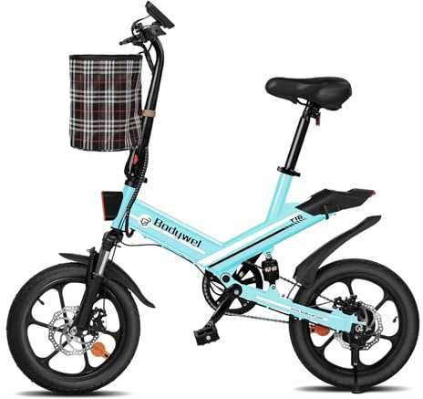 Bodywel T16PRO Bicicleta Eléctrica Plegable, 14 Portable E-Bike, City EBike con 4.5 Pulgadas Pantalla LED, Batería 36V/7.8Ah, Frenos de Doble Disco, Unisex Adulto (Aqua Azul)