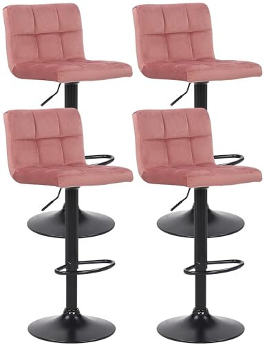 CLP 4er Set Barhocker Feni Samt, höhenverstellbar mit Fußstütze, Lehne & Metallgestell, belastbar bis 150 kg, Farbe:pink