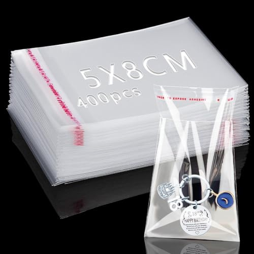 400 Stück Cellophantüten Selbstklebend 5x8cm OPP Tütchen Zellophantüten Klein Transparente Plastiktüten Selbstklebend Kekse Tüten Flachbeutel Klebeverschluss für Süßigkeiten Keksen Schokolade Schmuck