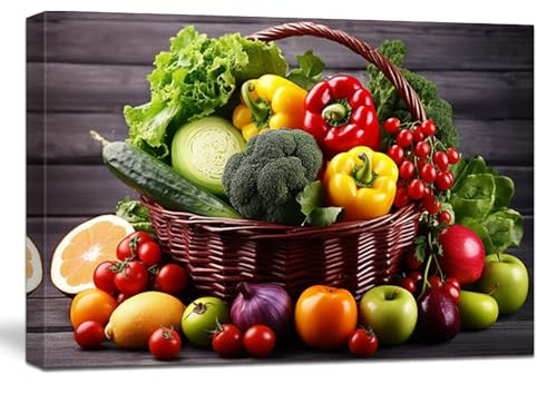 ZQQART Leinwandbild für die Küche frisches Obst und Gemüse Bilddrucke Lebensmittel im Bambuskorb Gemälde Kunstwerk Esszimmerdekor gerahmt(Küche B,30x45cm)