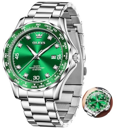 OLEVS Silber Herrenuhren Edelstahl Moderne Leuchtend Großes Uhr Herren Analog Kleid Grün Zifferblatt Armbanduhr Herren Metallarmband Wasserdicht Herrenarmbanduhr mit Datum Geschenke