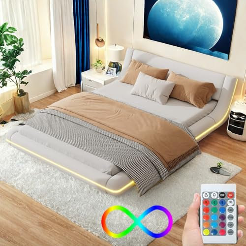 Autheria Bett 160x200 mit LED und Kopfteil, Polsterbett 160x200 cm mit Lattenrost, Doppelbett mit PU, Jugendbett Flachbett Familienbett Bodenbett mit Modernes Bettgestell -Weiß