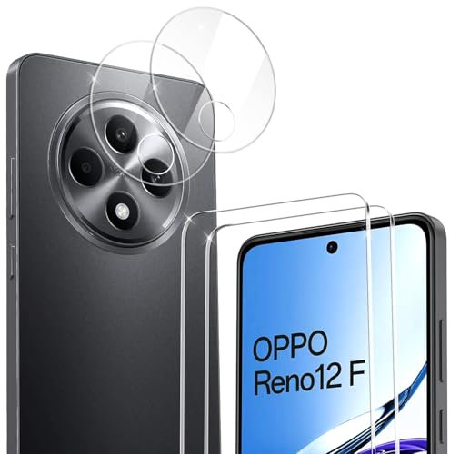 ivoler 2 Piezas Cristal Vidrio Templado Protector de Pantalla para Oppo Reno 12F 4G / 5G / Oppo Reno 12 FS 4G / 5G, con 2 Piezas Protector de Lente de Cámara, 9H Dureza, Antiarañazos, Sin Burbujas