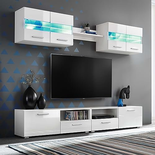 KOIECETA TV-Wohnwand-Set 5-TLG. LED-Leuchten Hochglanz Anbauwand Mediawand Weiß