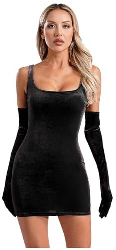 Sxiwei Damen Samtkleid Bodycon Mini Kurze Kleid Sexy Ärmellos Figurbetontes Kleid Enges Abendkleid Mit Langen Handschuhen Ballkleider Schwarz S