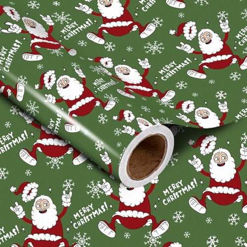 LeZakaa Weihnachts-Geschenkpapierrolle – lustiger Weihnachtsmann springt mit Rock'n' Roll Geste, Merry Christmas Schriftzug, für Urlaubsparty-Geschenkpapier – 43,2 cm x 16,4 Fuß (23,2 m²)