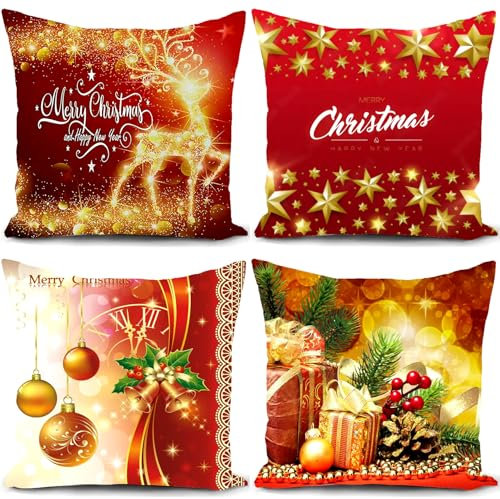 HUASHUZI Weihnachtskissen Kissenbezug 40x40 Rot Weihnachten Weihnachtsdeko Weihnachtskissenbezug Christmas Decorations Xmas Cushion Covers Pillow Winter Kissen Deko 4er Set Sofa