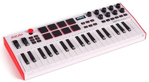 Akai Professional MPK Mini Plus - Teclado Controlador MIDI USB de 37 Mini Teclas con 8 Pads MPC, Secuenciador, MIDI/CV/Gate I/O, Software de Producción y Native Instruments Sound Package, Blanco