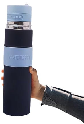 BOMBIYA – Yerba Mate Thermos – 16.9oz Stainless Steel Double Wall – All in One – Self-Pouring – 95.58 in³ – Black and Blue – Mate Kit for Terere and Tea