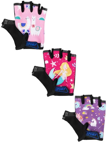 Boao 3 Pairs Kids Half Finger Bike Gloves Non-Slip Breathable Adjustable Birthday Gift for Boys Girls for Bike Workout(Cute,5-8 Years)